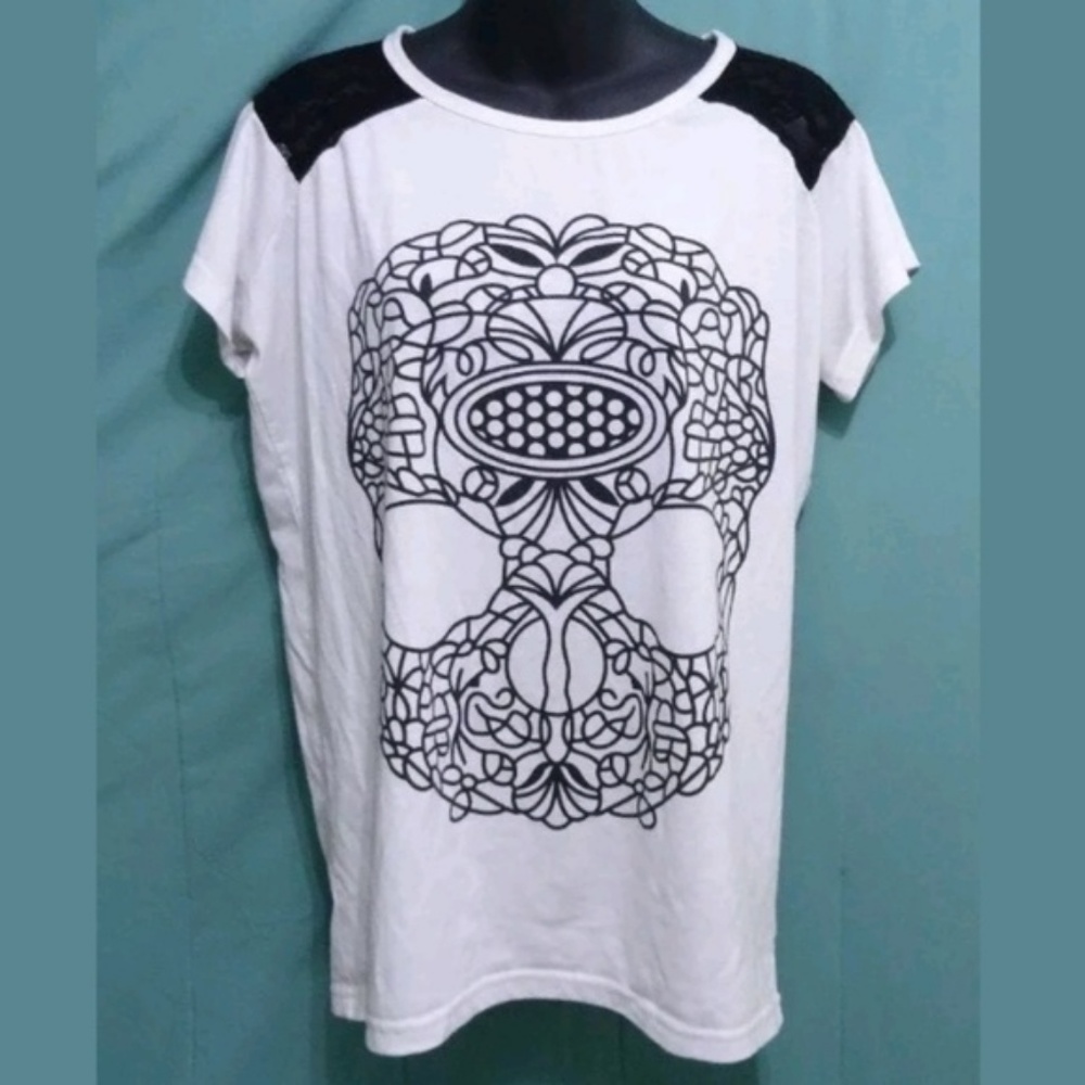 Allegra K Abstract Alien Skull Lace Graphic Shirt